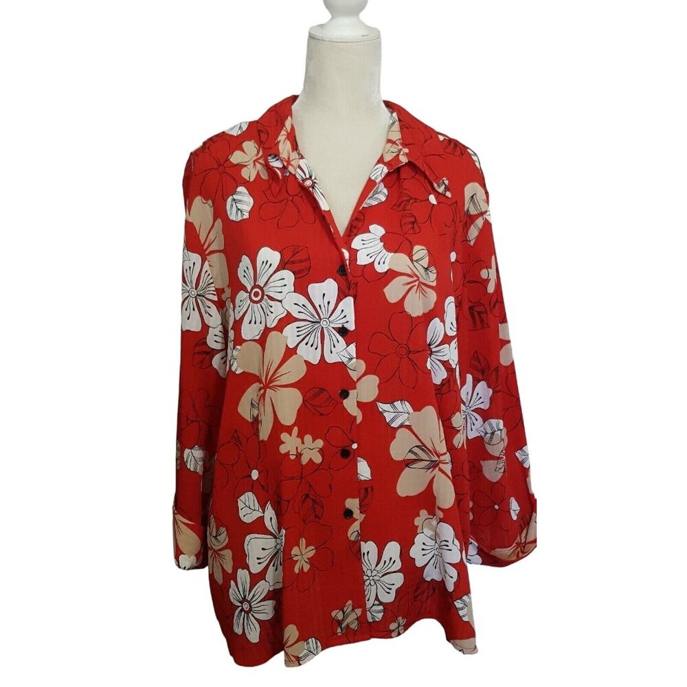Vtg Apparenza Women's Top Shirt 2X Button Front Red floral 3/4 Cuffed Sleeve